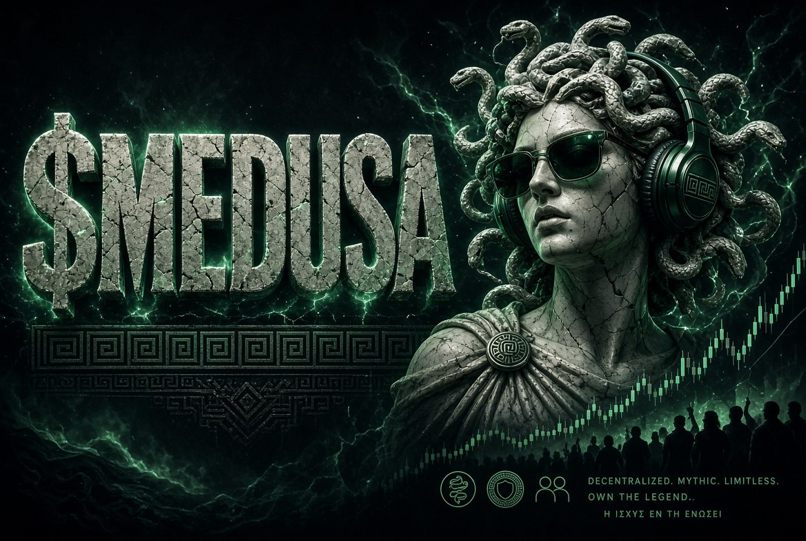 $MEDUSA carved in cracked stone beside the gorgon in sunglasses, green candles climbing behind her