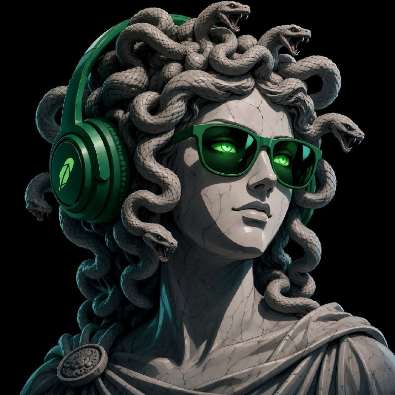 Medusa in green headphones and green sunglasses with glowing green eyes, cracked marble skin and hissing snakes for hair