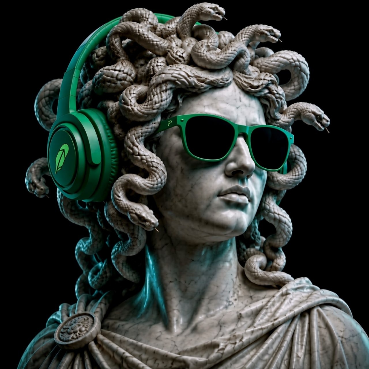 The Medusa mascot bust in green sunglasses and headphones