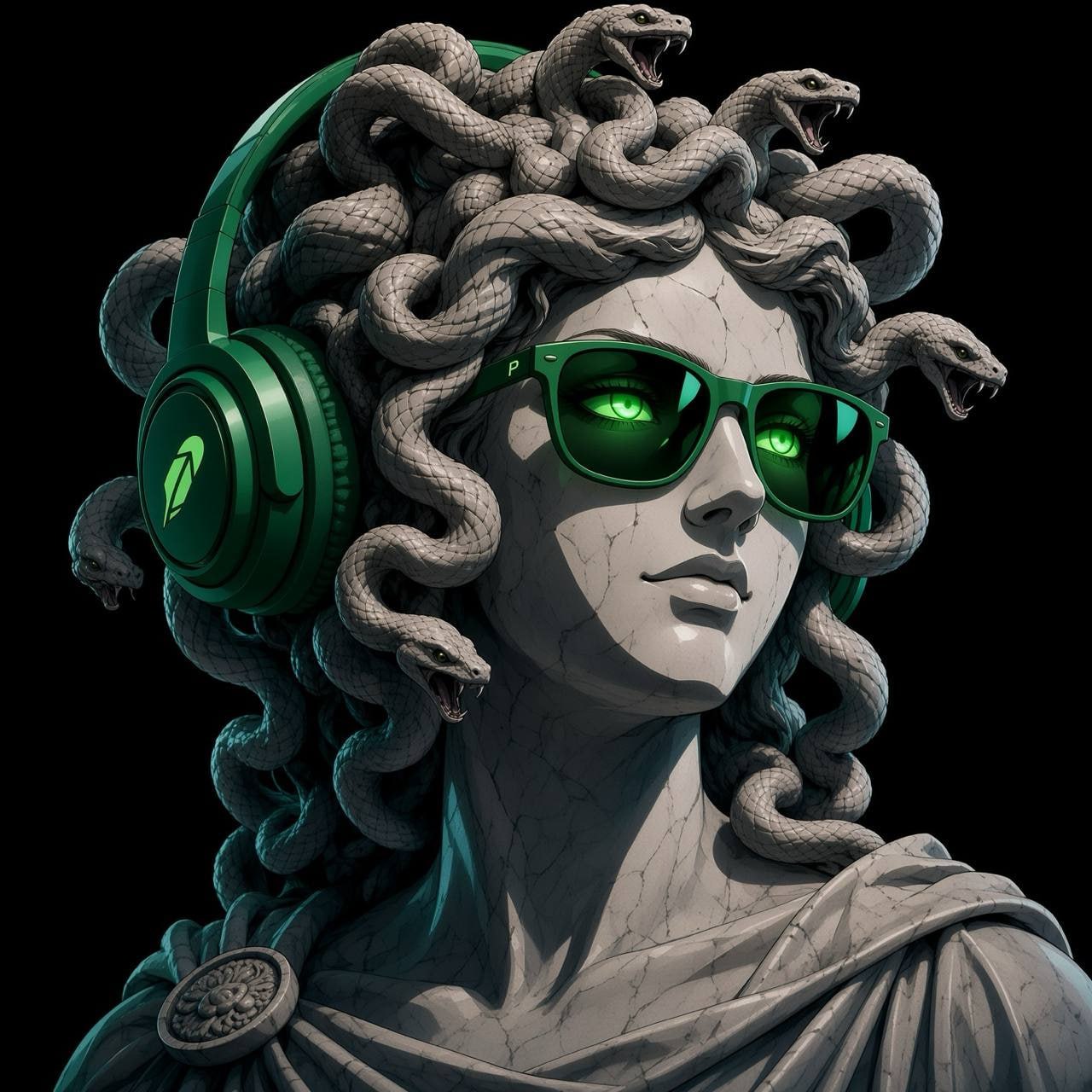 Anime style Medusa with green headphones and glowing green eyes