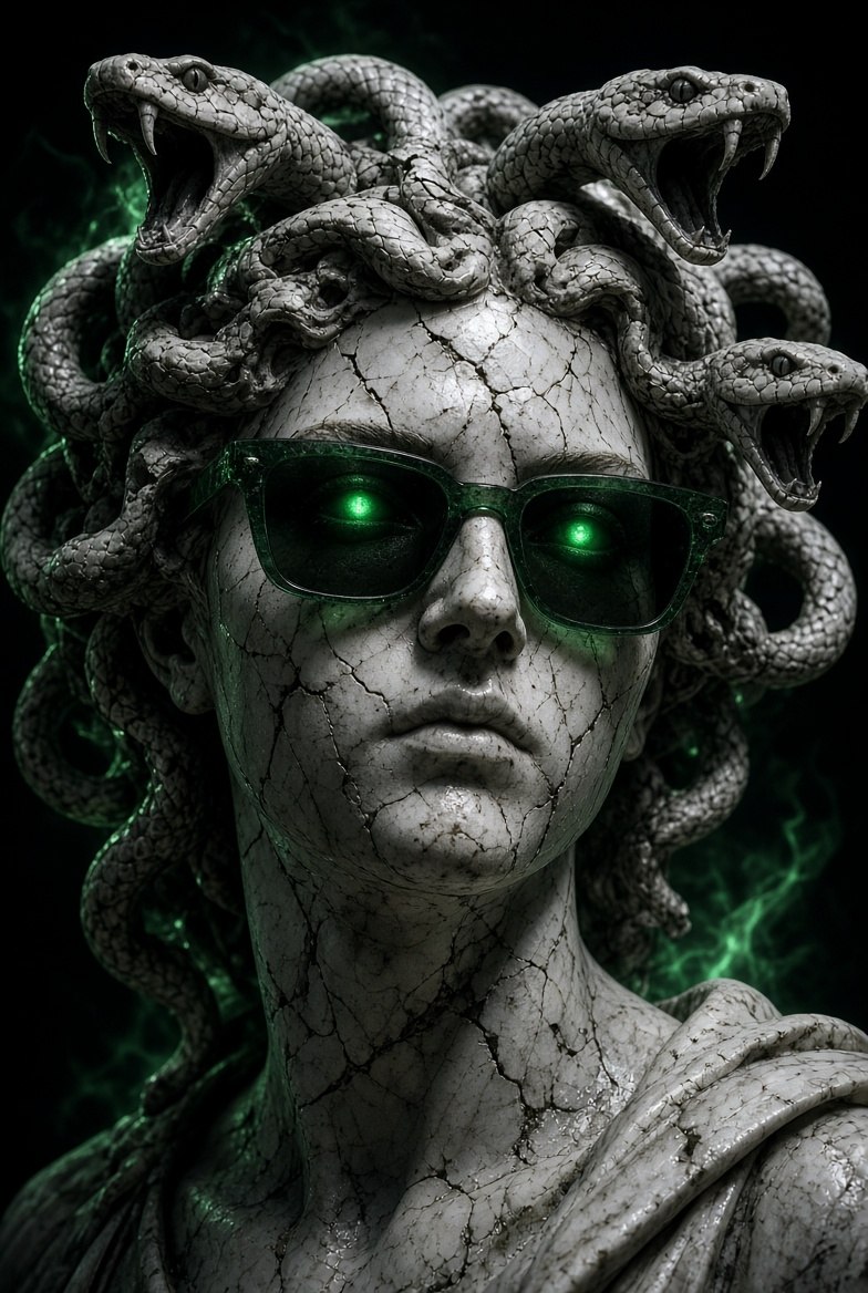Marble Medusa with glowing green eyes behind translucent sunglasses