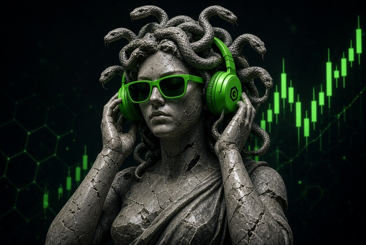 Medusa in green headphones and sunglasses in front of a rising green candle chart