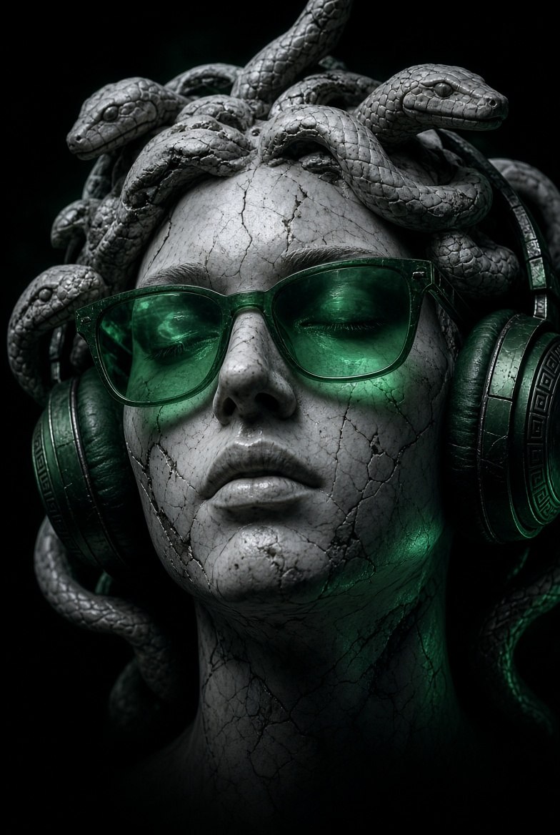 Close up of the Medusa bust in green sunglasses and greek-key headphones
