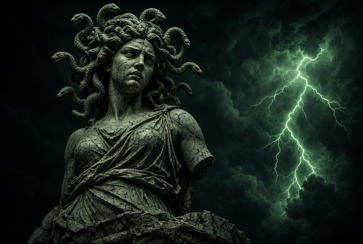 Weathered Medusa statue against a storm sky lit by green lightning